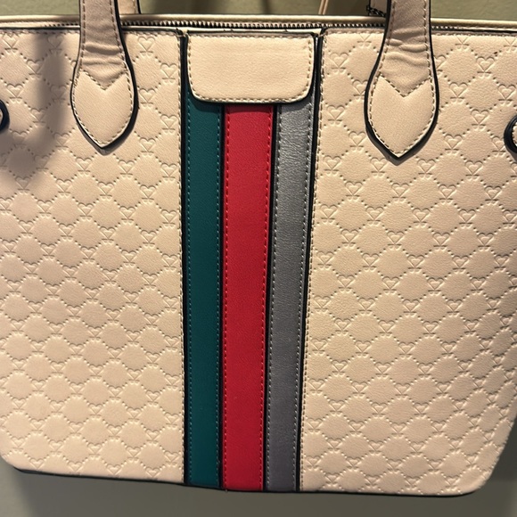 NWT Diophy Handbag Shoulder Bag Purse Cream Green Red Silver Stripes Vegan Tote - Picture 2 of 8